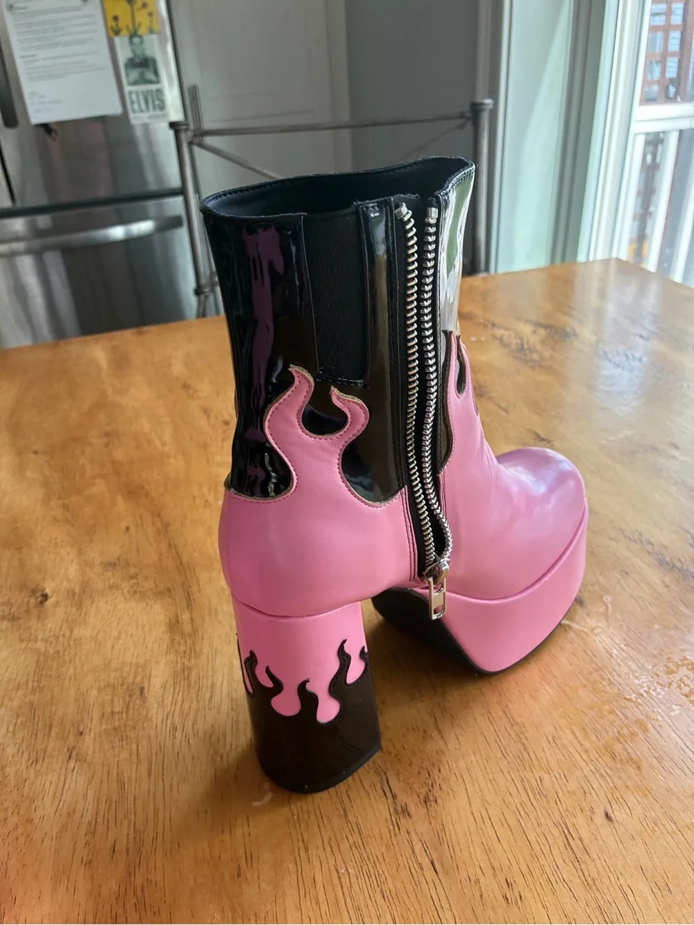 Sugar Thrillz Pink and Black Flame Platform Ankle Boots